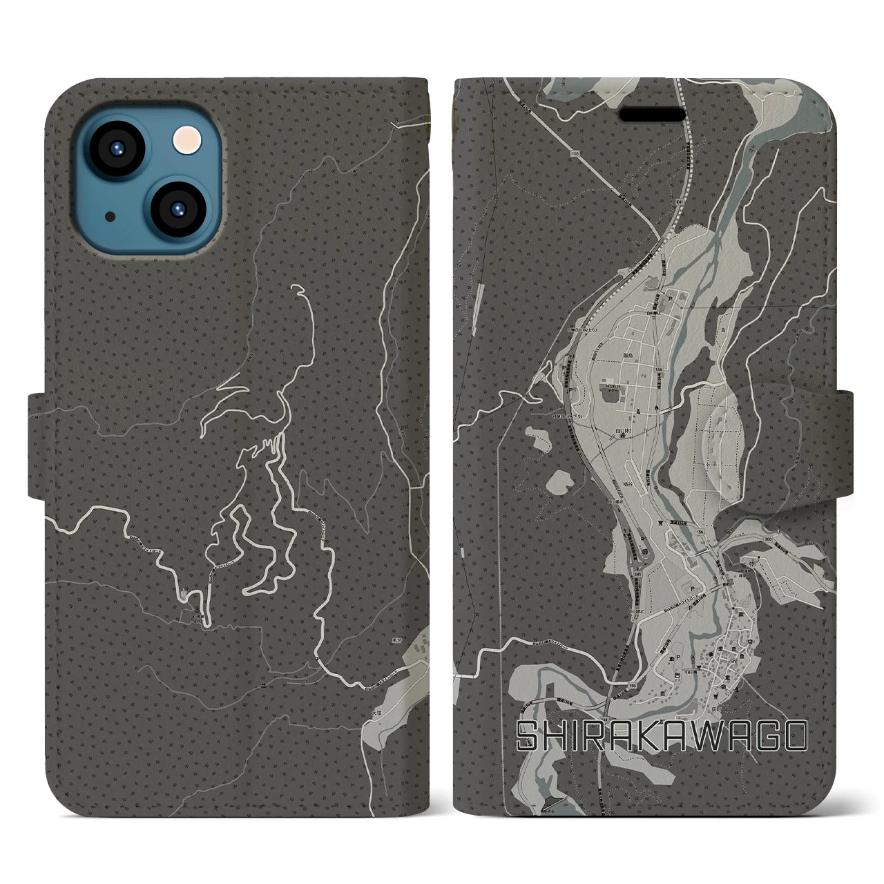 【白川郷(岐阜県)】地図柄iPhoneケース(手帳タイプ)モノトーン・iPhone 13 用