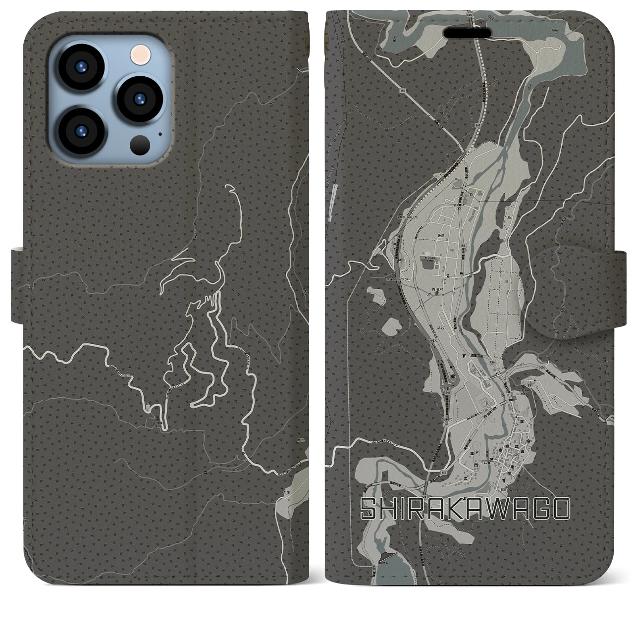 【白川郷(岐阜県)】地図柄iPhoneケース(手帳タイプ)モノトーン・iPhone 13 Pro Max 用