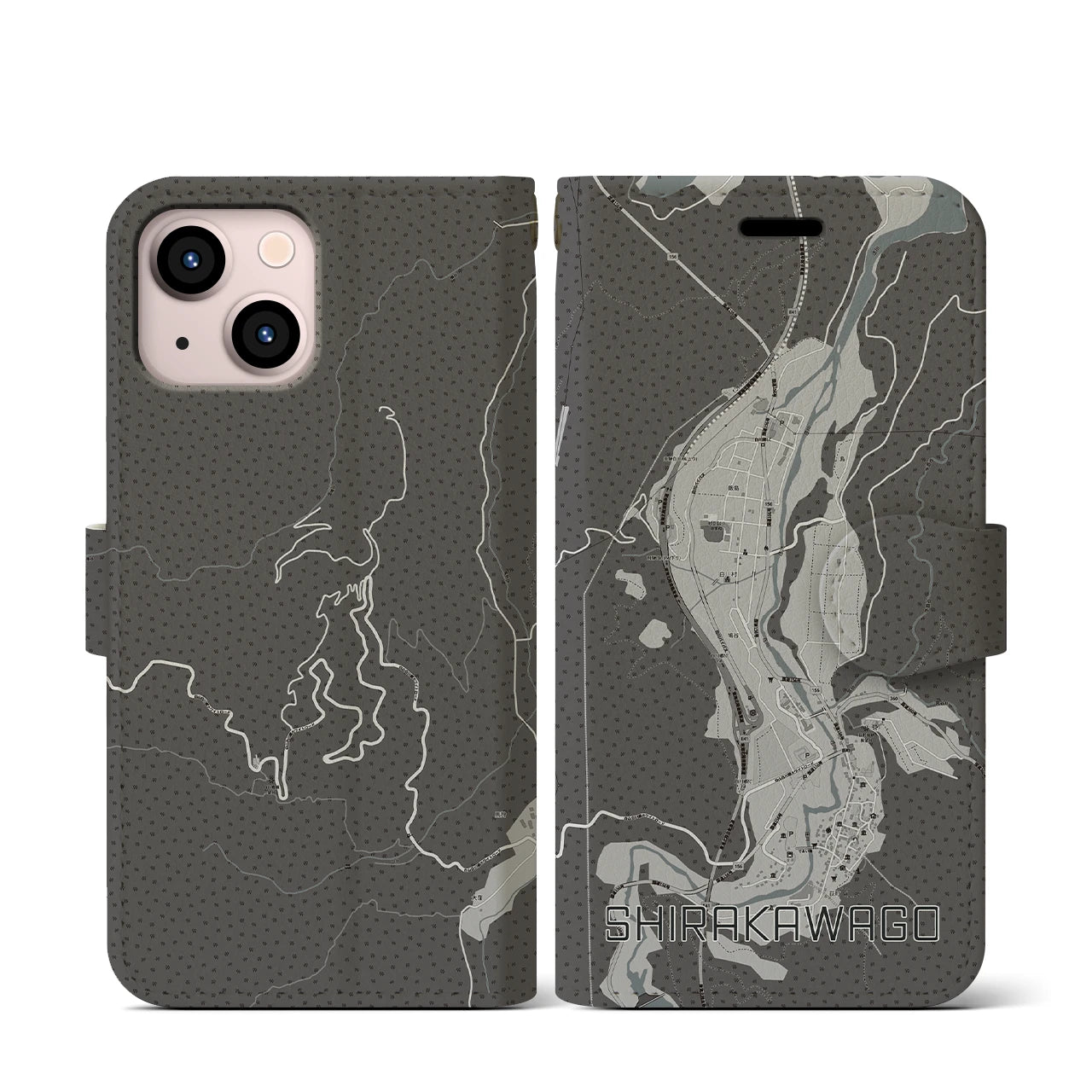 【白川郷(岐阜県)】地図柄iPhoneケース(手帳タイプ)モノトーン・iPhone 13 mini 用