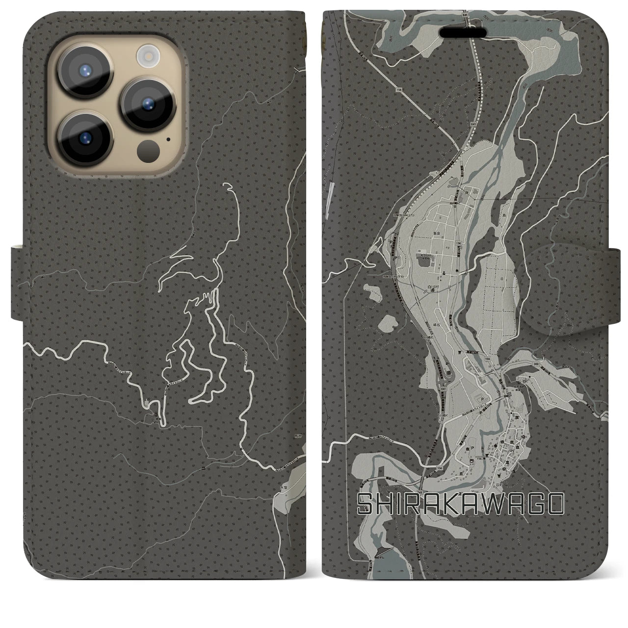 【白川郷(岐阜県)】地図柄iPhoneケース(手帳タイプ)モノトーン・iPhone 14 Pro Max 用