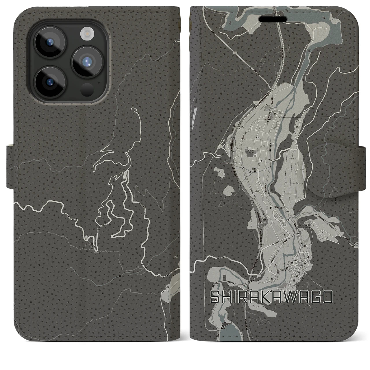 【白川郷(岐阜県)】地図柄iPhoneケース(手帳タイプ)モノトーン・iPhone 15 Pro Max 用