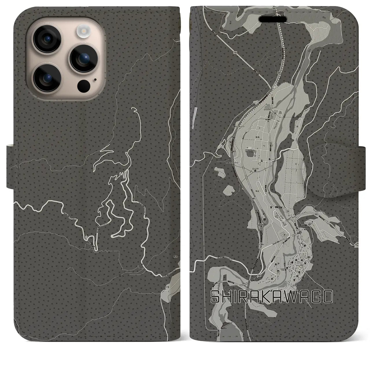 【白川郷(岐阜県)】地図柄iPhoneケース(手帳タイプ)モノトーン・iPhone 16 Plus 用