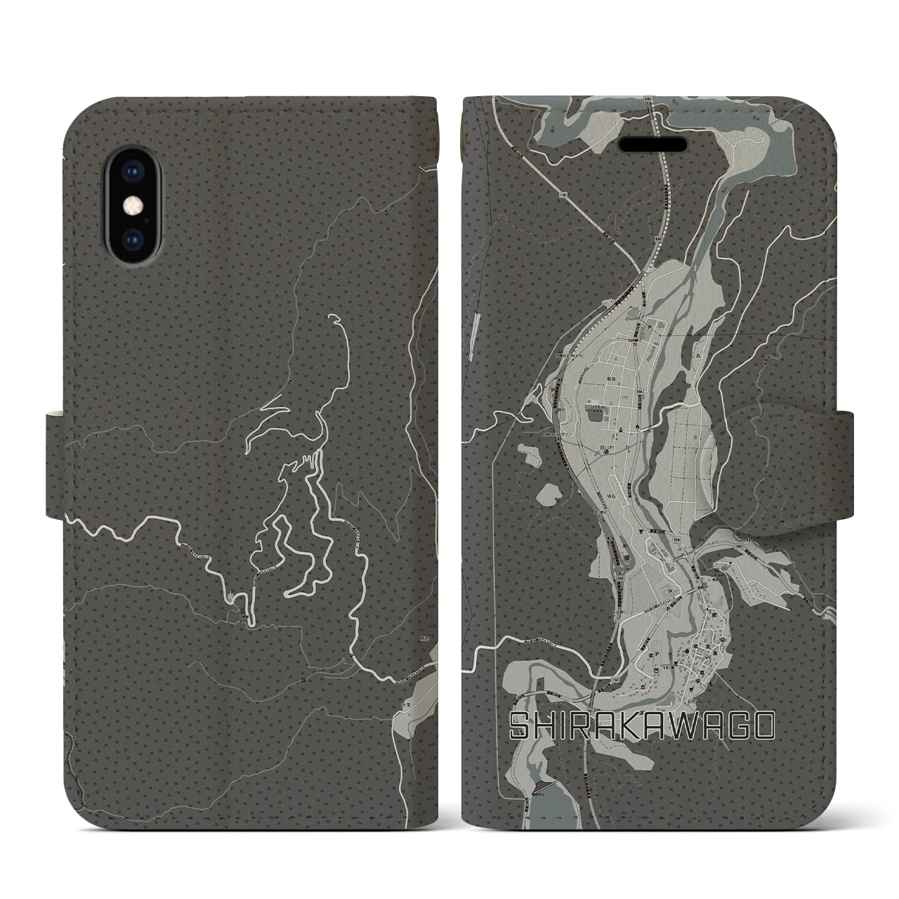 【白川郷(岐阜県)】地図柄iPhoneケース(手帳タイプ)モノトーン・iPhone XS / X 用