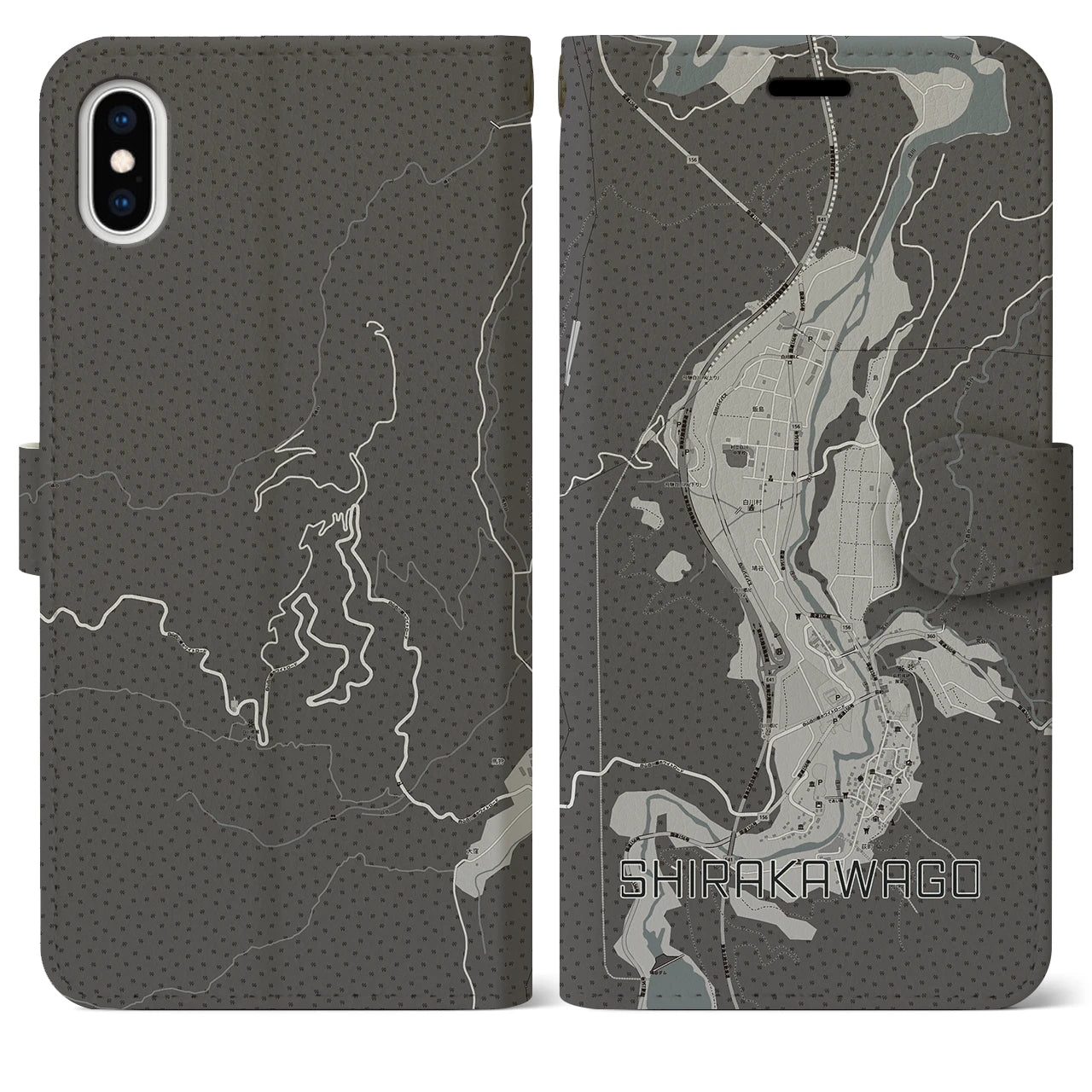 【白川郷(岐阜県)】地図柄iPhoneケース(手帳タイプ)モノトーン・iPhone XS Max 用