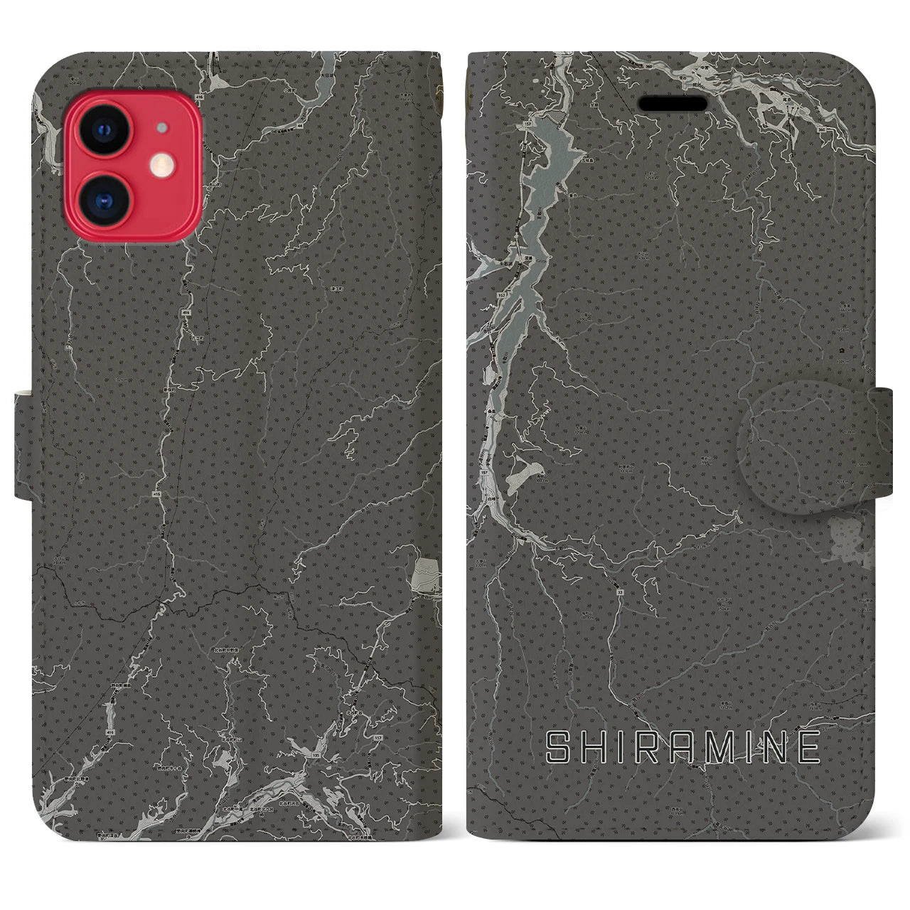 【白峰(石川県)】地図柄iPhoneケース(手帳タイプ)モノトーン・iPhone 11 用