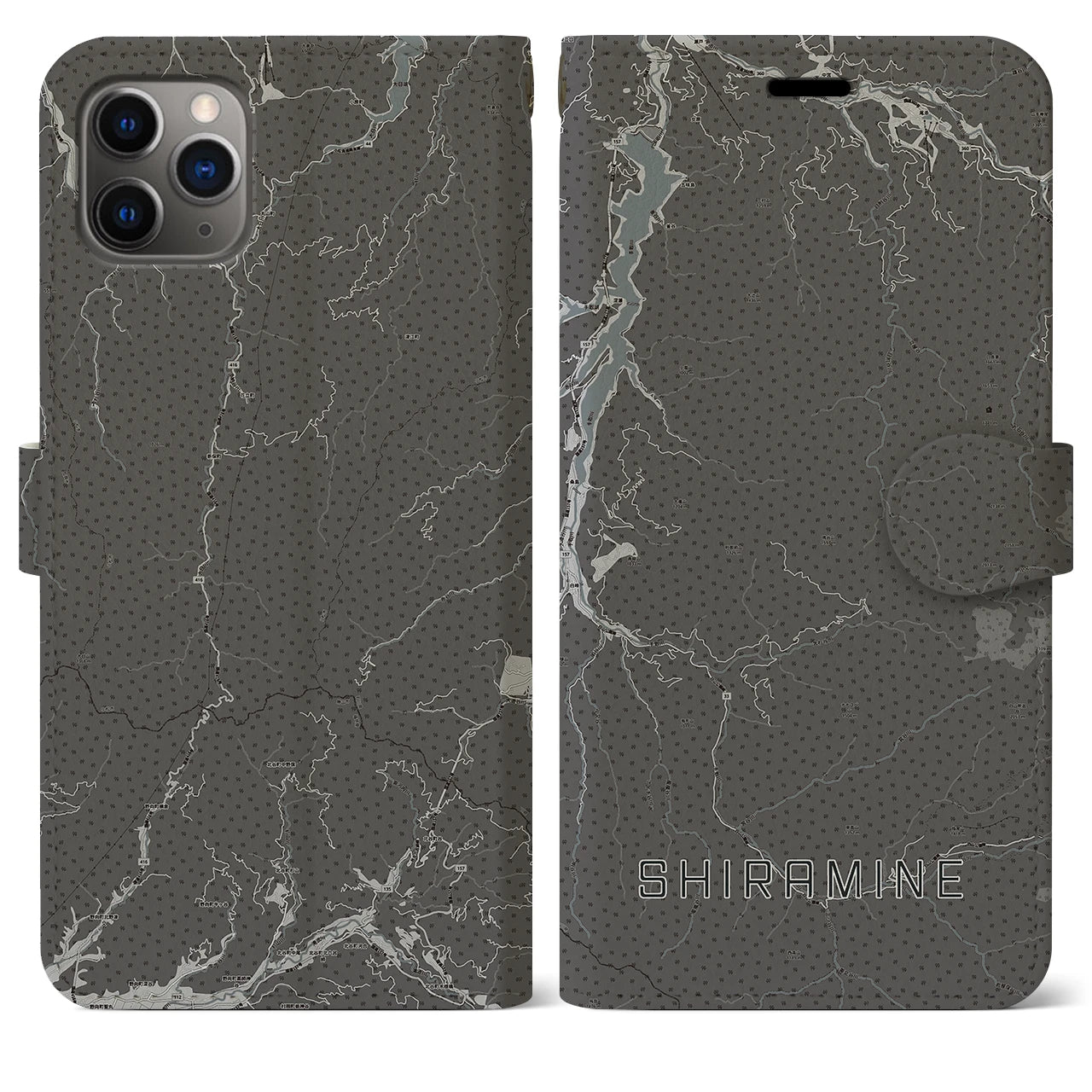 【白峰(石川県)】地図柄iPhoneケース(手帳タイプ)モノトーン・iPhone 11 Pro Max 用