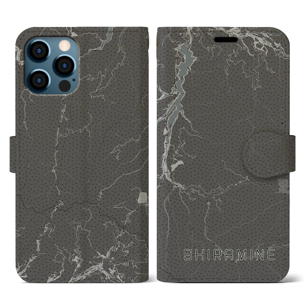 【白峰(石川県)】地図柄iPhoneケース(手帳タイプ)モノトーン・iPhone 12 / 12 Pro 用
