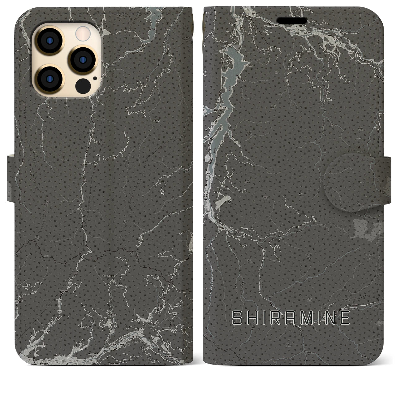【白峰(石川県)】地図柄iPhoneケース(手帳タイプ)モノトーン・iPhone 12 Pro Max 用