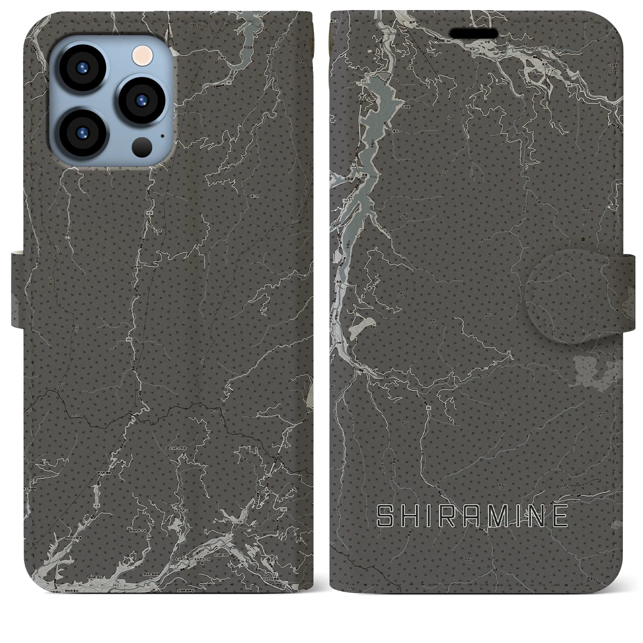 【白峰(石川県)】地図柄iPhoneケース(手帳タイプ)モノトーン・iPhone 13 Pro Max 用