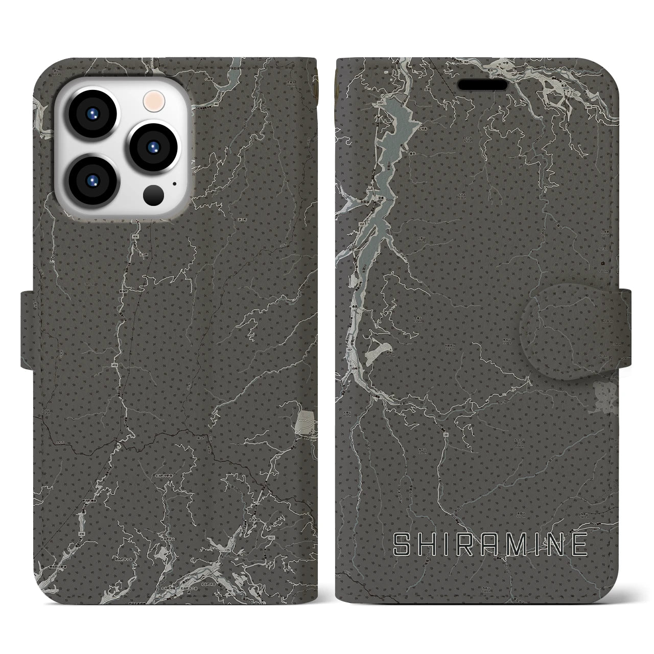 【白峰(石川県)】地図柄iPhoneケース(手帳タイプ)モノトーン・iPhone 13 Pro 用