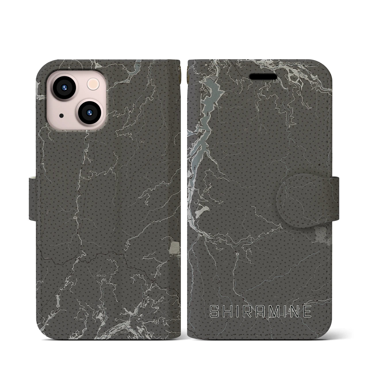 【白峰(石川県)】地図柄iPhoneケース(手帳タイプ)モノトーン・iPhone 13 mini 用