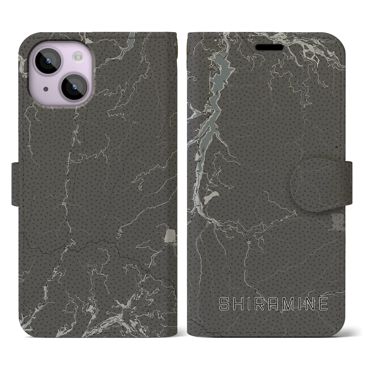 【白峰(石川県)】地図柄iPhoneケース(手帳タイプ)モノトーン・iPhone 14 用