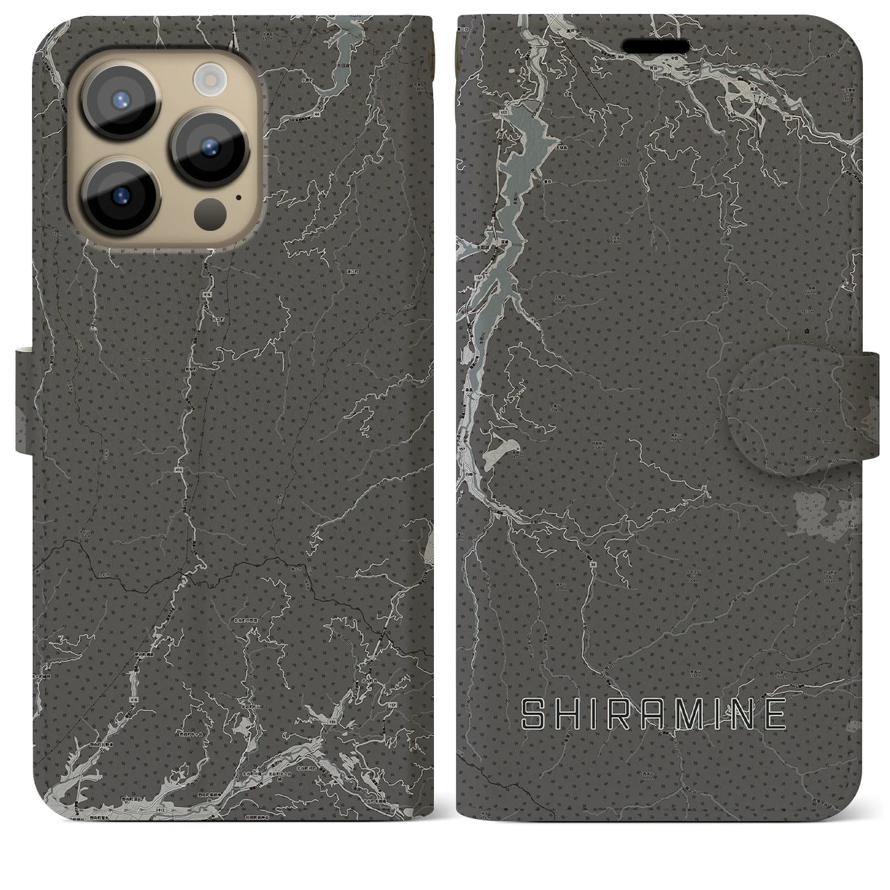【白峰(石川県)】地図柄iPhoneケース(手帳タイプ)モノトーン・iPhone 14 Pro Max 用