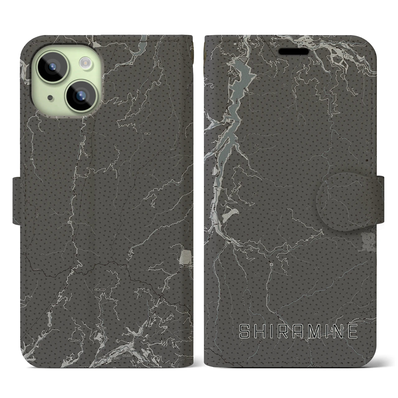 【白峰(石川県)】地図柄iPhoneケース(手帳タイプ)モノトーン・iPhone 15 用