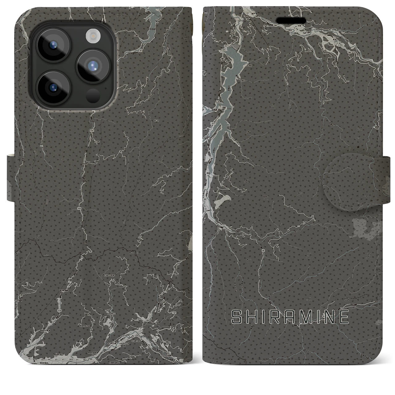 【白峰(石川県)】地図柄iPhoneケース(手帳タイプ)モノトーン・iPhone 15 Pro Max 用