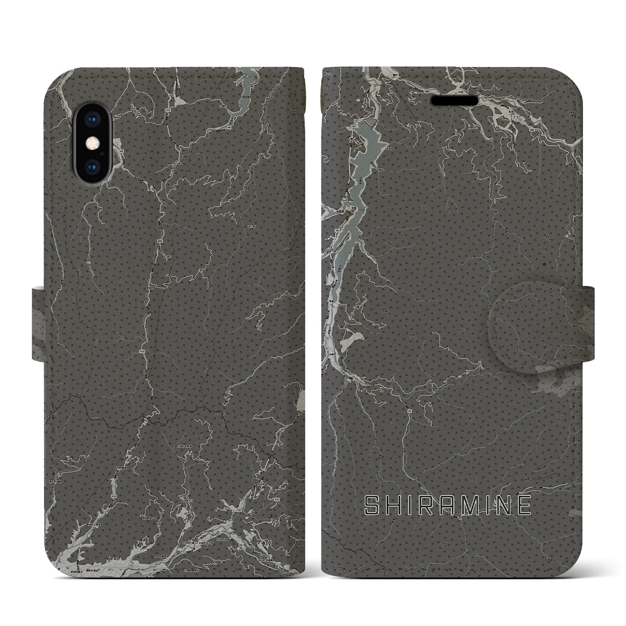 【白峰(石川県)】地図柄iPhoneケース(手帳タイプ)モノトーン・iPhone XS / X 用