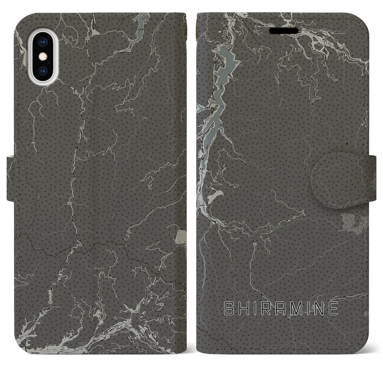 【白峰(石川県)】地図柄iPhoneケース(手帳タイプ)モノトーン・iPhone XS Max 用