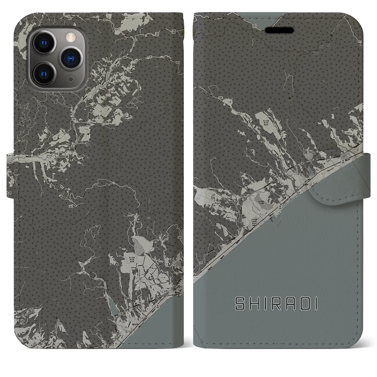 【白老(北海道)】地図柄iPhoneケース(手帳タイプ)モノトーン・iPhone 11 Pro Max 用