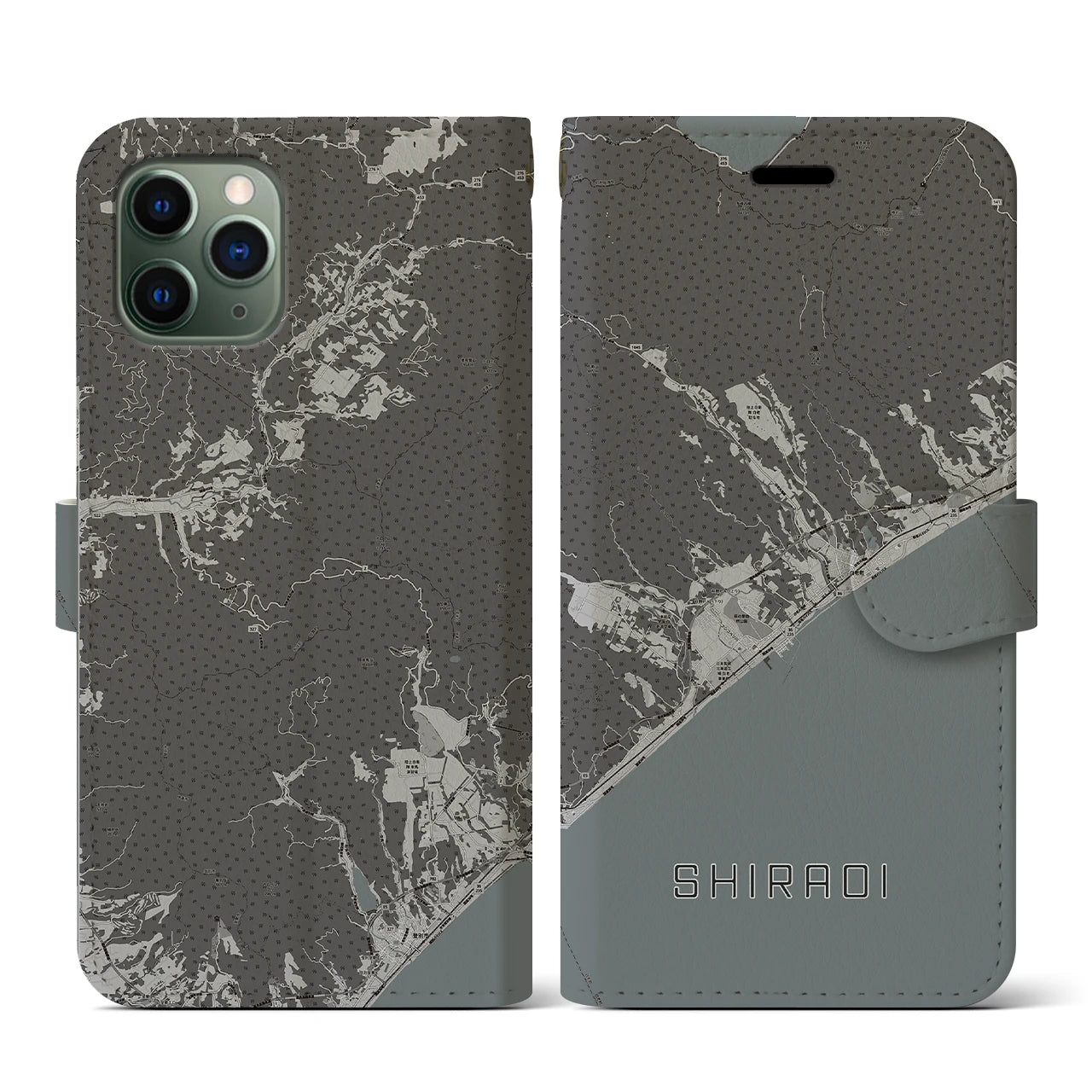 【白老(北海道)】地図柄iPhoneケース(手帳タイプ)モノトーン・iPhone 11 Pro 用