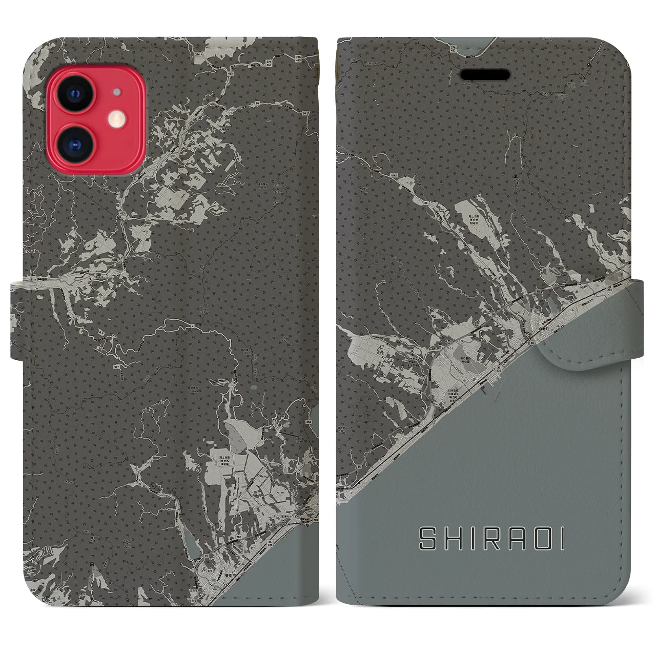 【白老(北海道)】地図柄iPhoneケース(手帳タイプ)モノトーン・iPhone 11 用