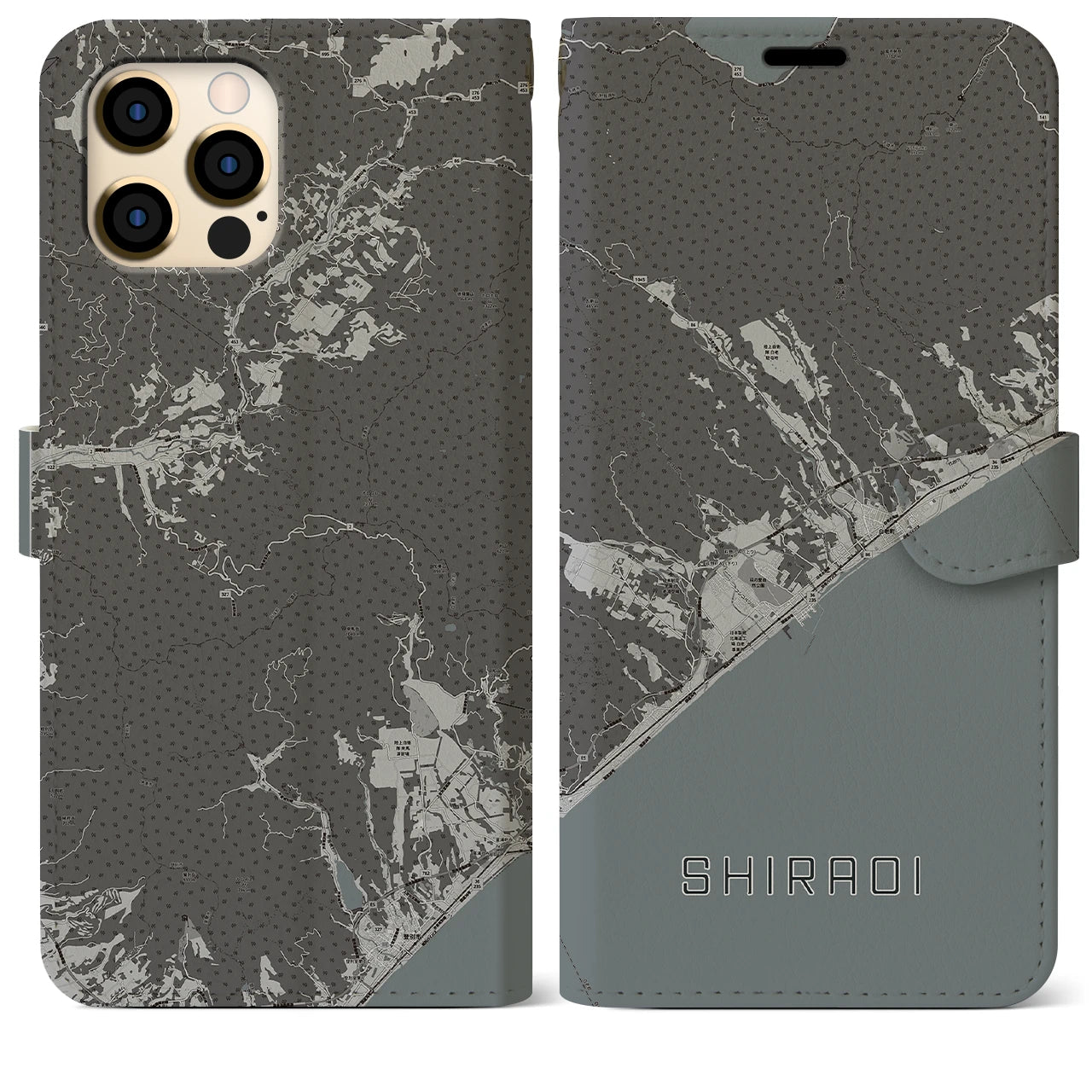 【白老(北海道)】地図柄iPhoneケース(手帳タイプ)モノトーン・iPhone 12 Pro Max 用