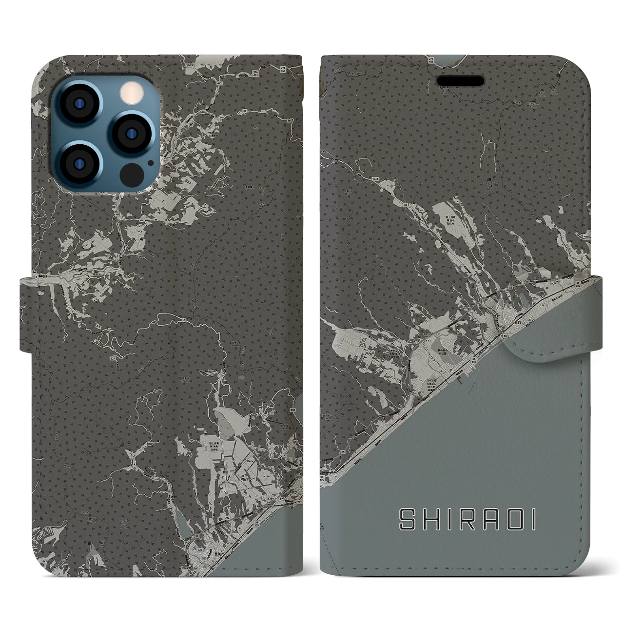 【白老(北海道)】地図柄iPhoneケース(手帳タイプ)モノトーン・iPhone 12 / 12 Pro 用