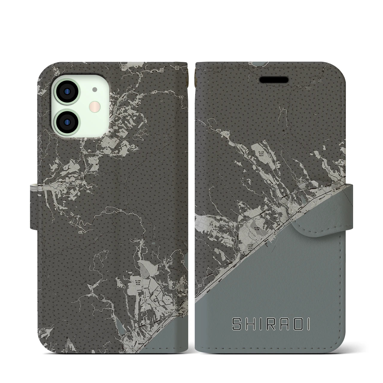 【白老(北海道)】地図柄iPhoneケース(手帳タイプ)モノトーン・iPhone 12 mini 用