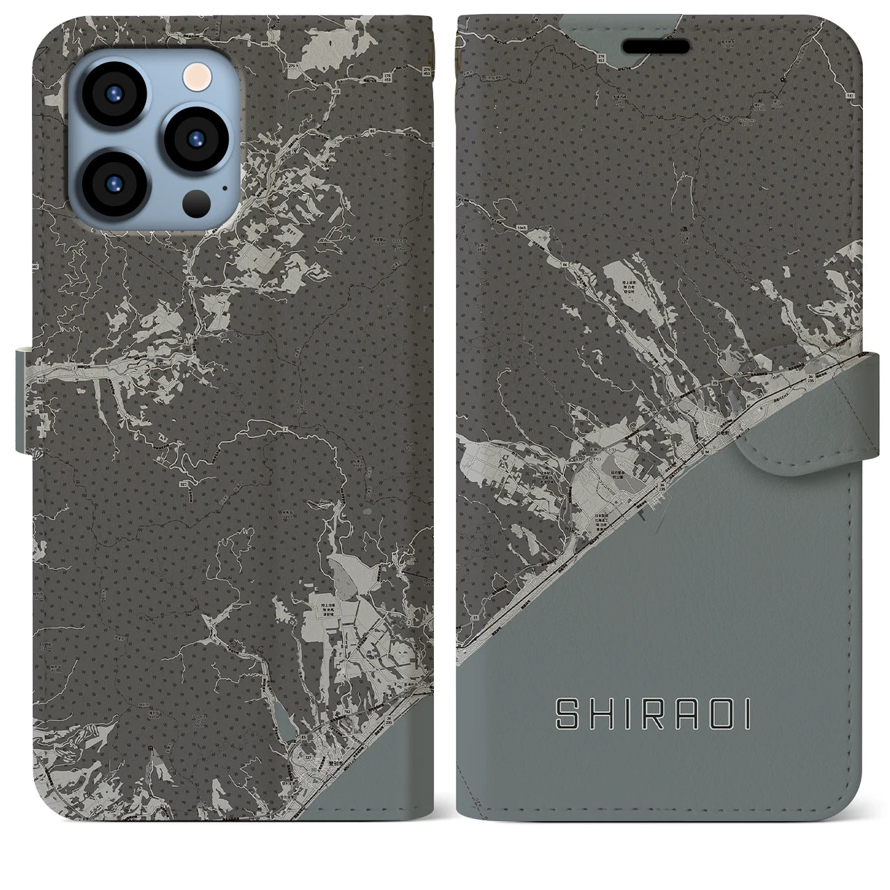 【白老(北海道)】地図柄iPhoneケース(手帳タイプ)モノトーン・iPhone 13 Pro Max 用