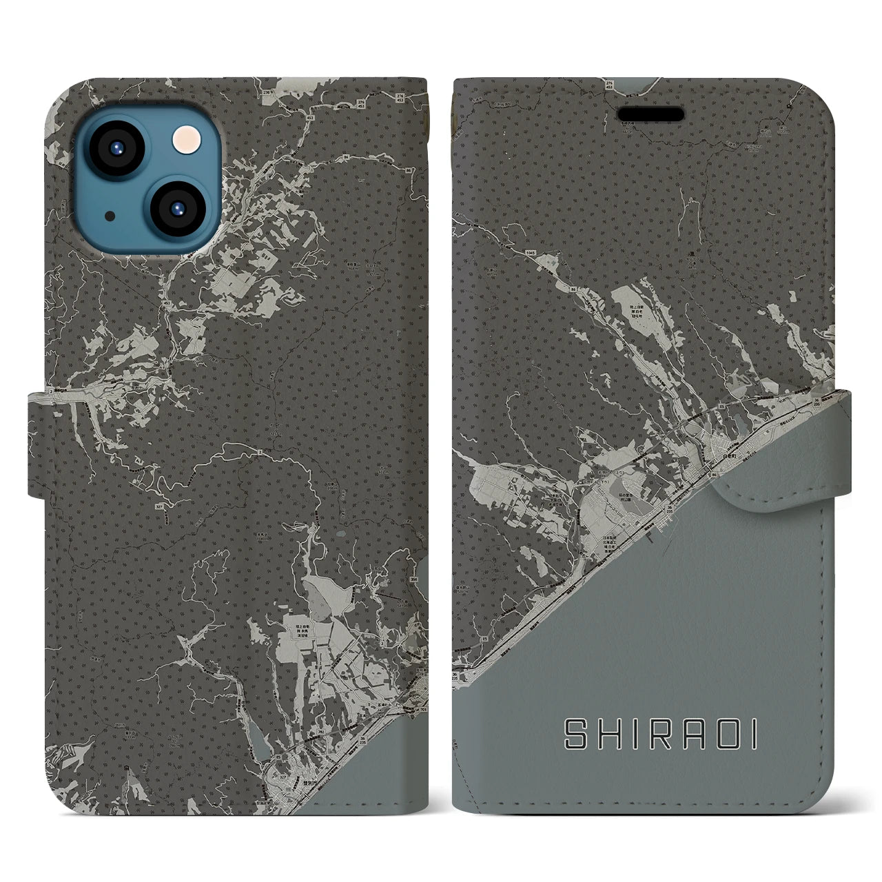【白老(北海道)】地図柄iPhoneケース(手帳タイプ)モノトーン・iPhone 13 用