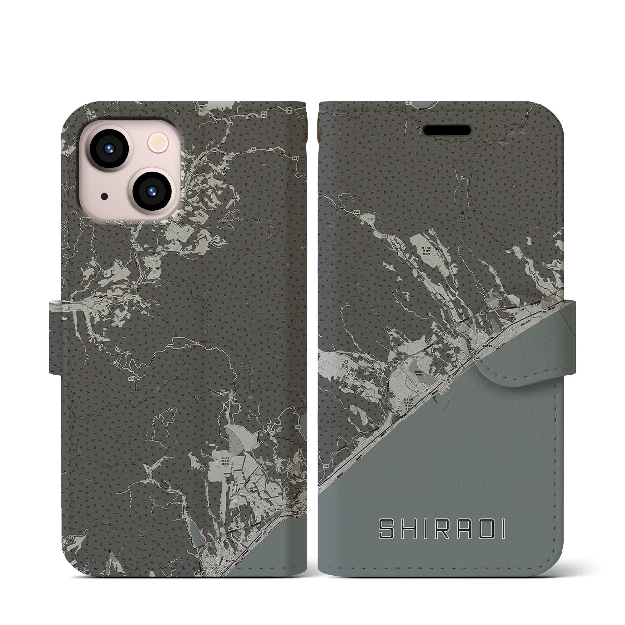 【白老(北海道)】地図柄iPhoneケース(手帳タイプ)モノトーン・iPhone 13 mini 用