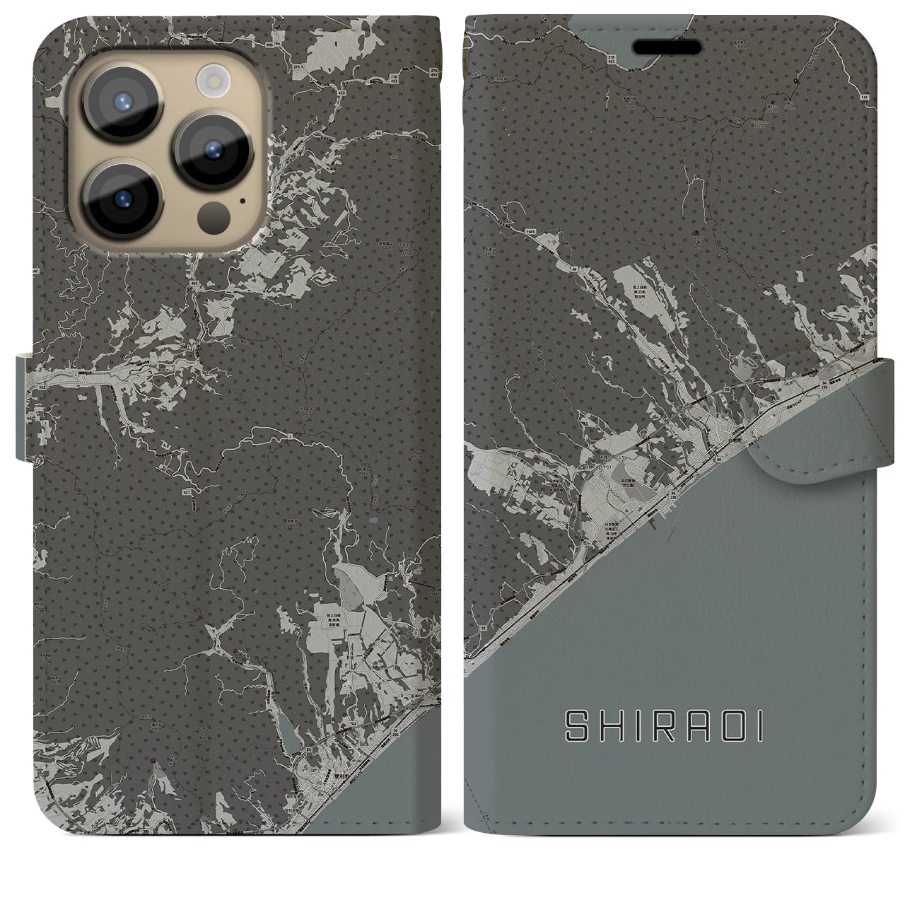 【白老(北海道)】地図柄iPhoneケース(手帳タイプ)モノトーン・iPhone 14 Pro Max 用