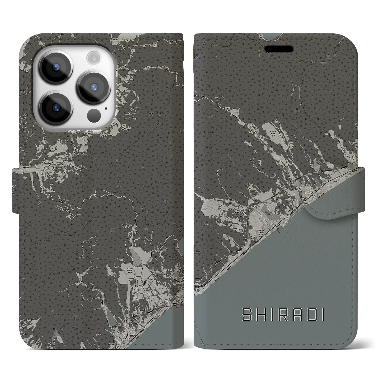 【白老(北海道)】地図柄iPhoneケース(手帳タイプ)モノトーン・iPhone 14 Pro 用