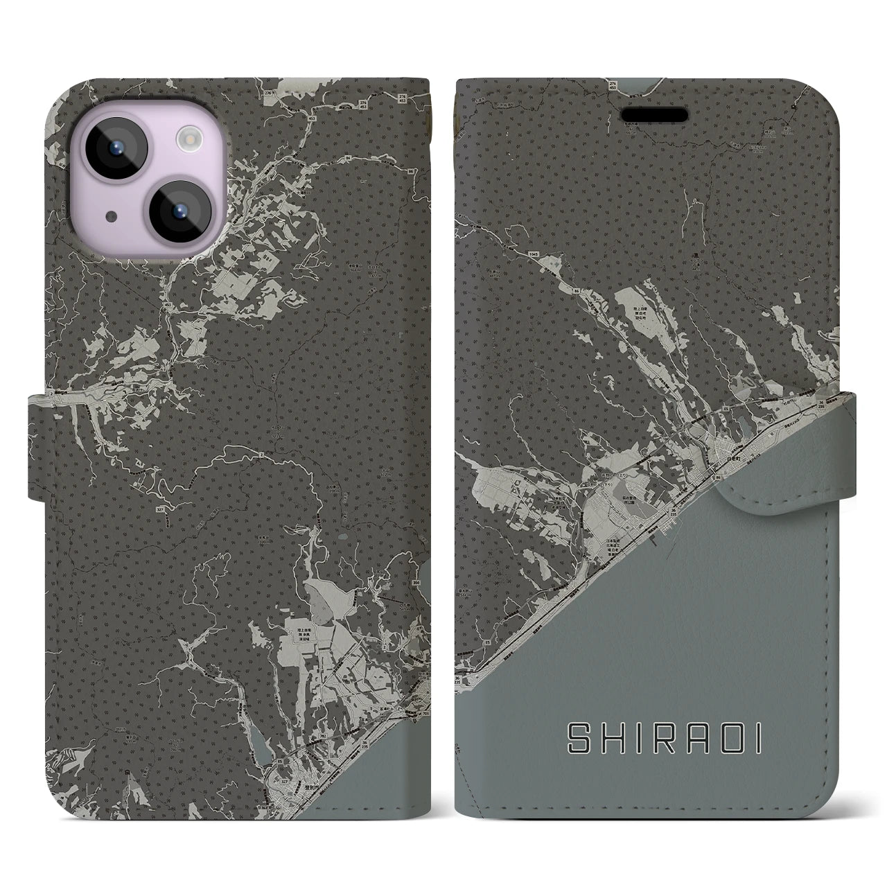 【白老(北海道)】地図柄iPhoneケース(手帳タイプ)モノトーン・iPhone 14 用