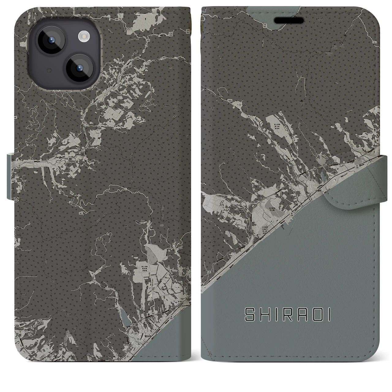 【白老(北海道)】地図柄iPhoneケース(手帳タイプ)モノトーン・iPhone 14 Plus 用