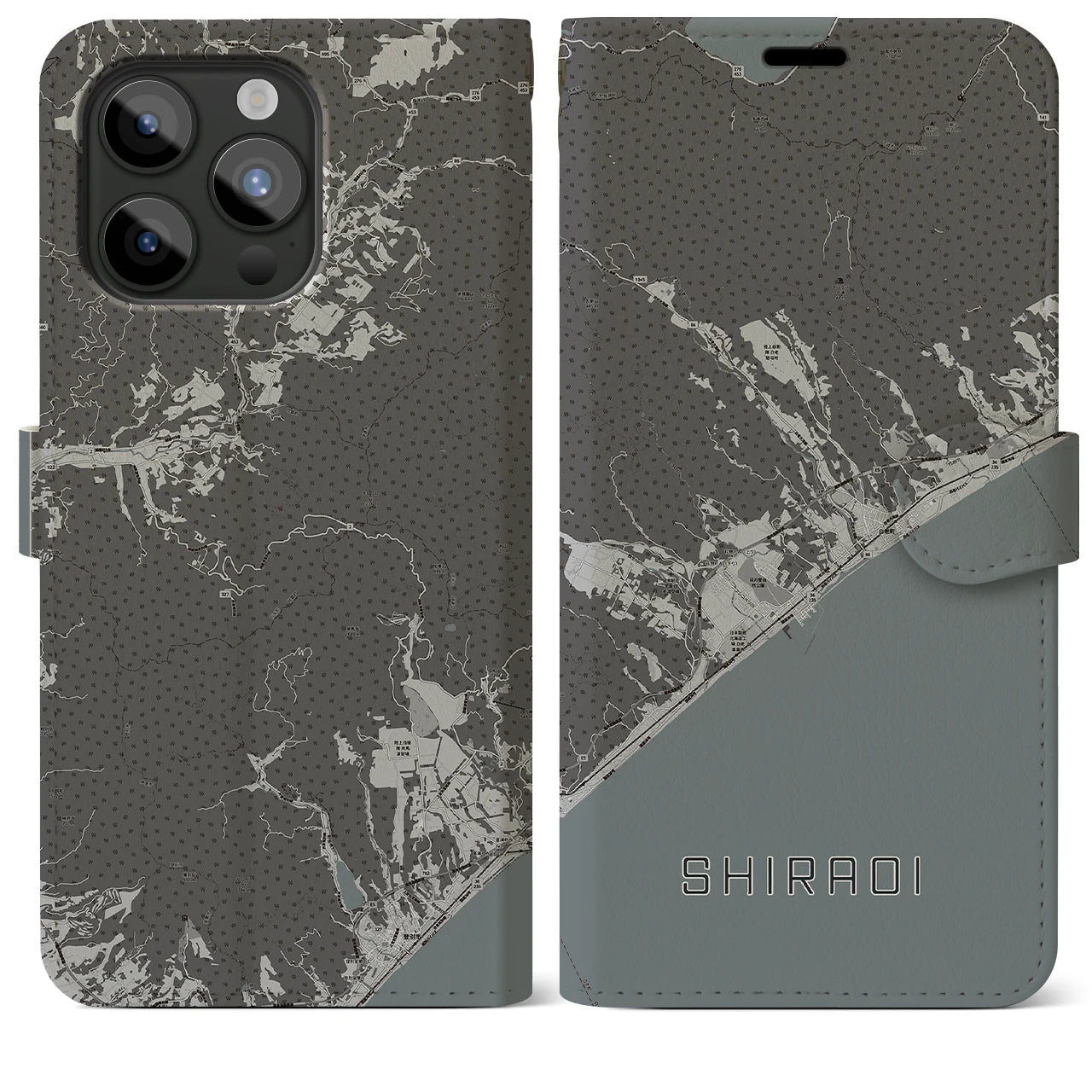 【白老(北海道)】地図柄iPhoneケース(手帳タイプ)モノトーン・iPhone 15 Pro Max 用