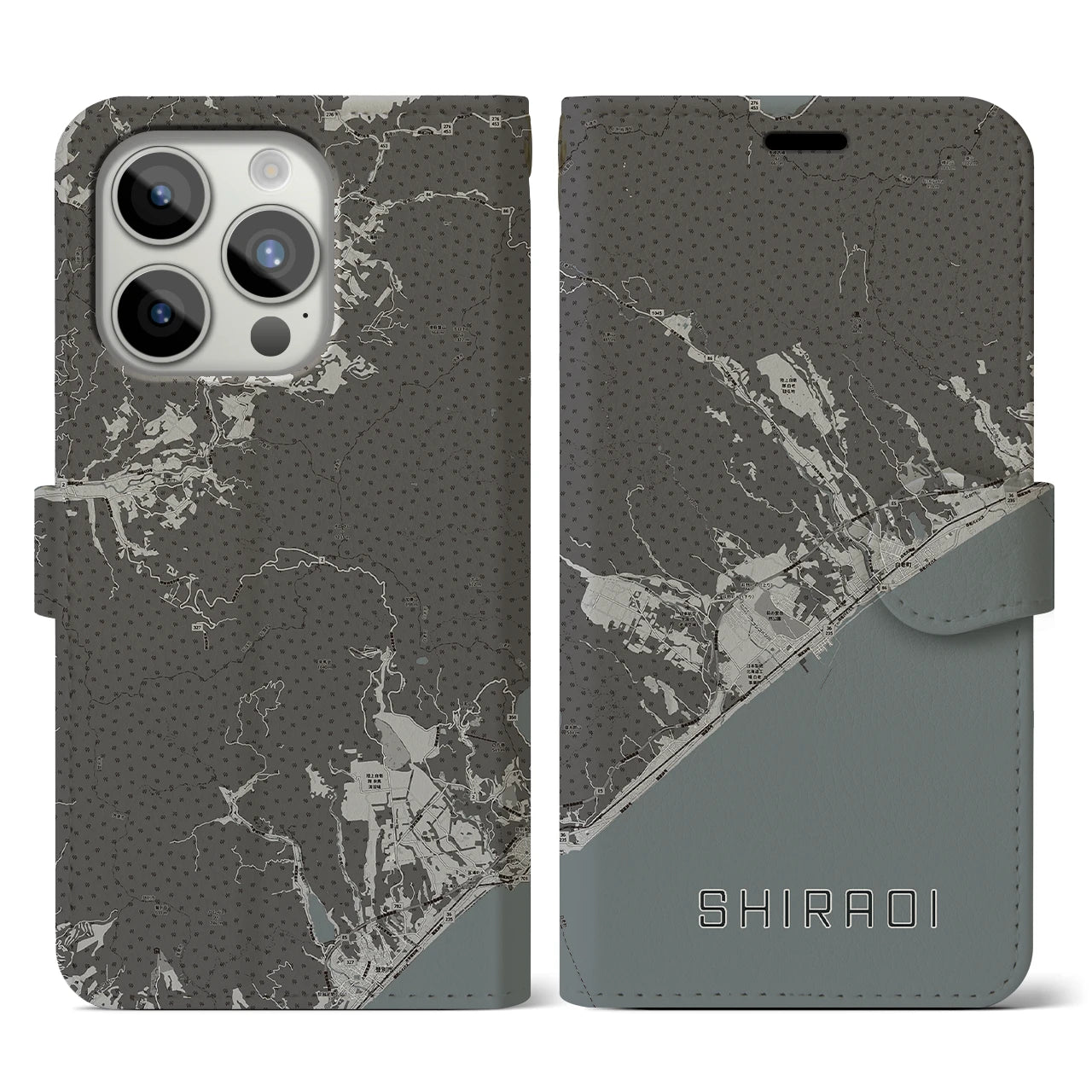 【白老(北海道)】地図柄iPhoneケース(手帳タイプ)モノトーン・iPhone 15 Pro 用