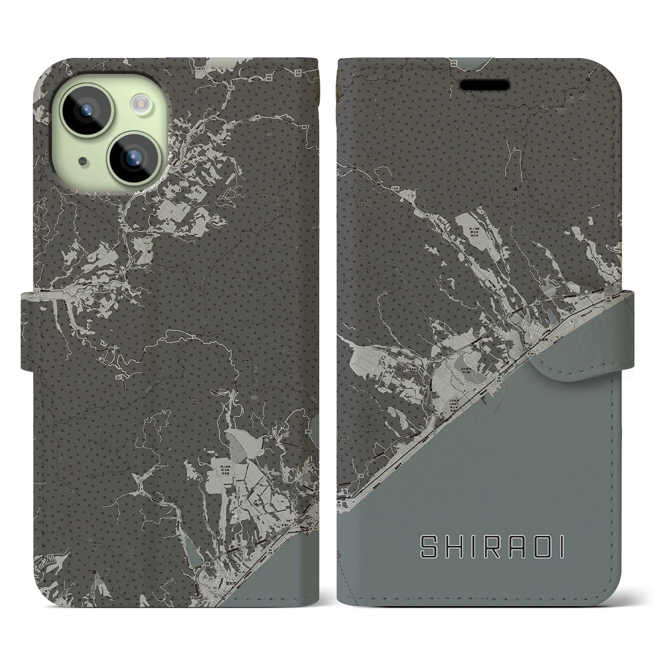 【白老(北海道)】地図柄iPhoneケース(手帳タイプ)モノトーン・iPhone 15 用