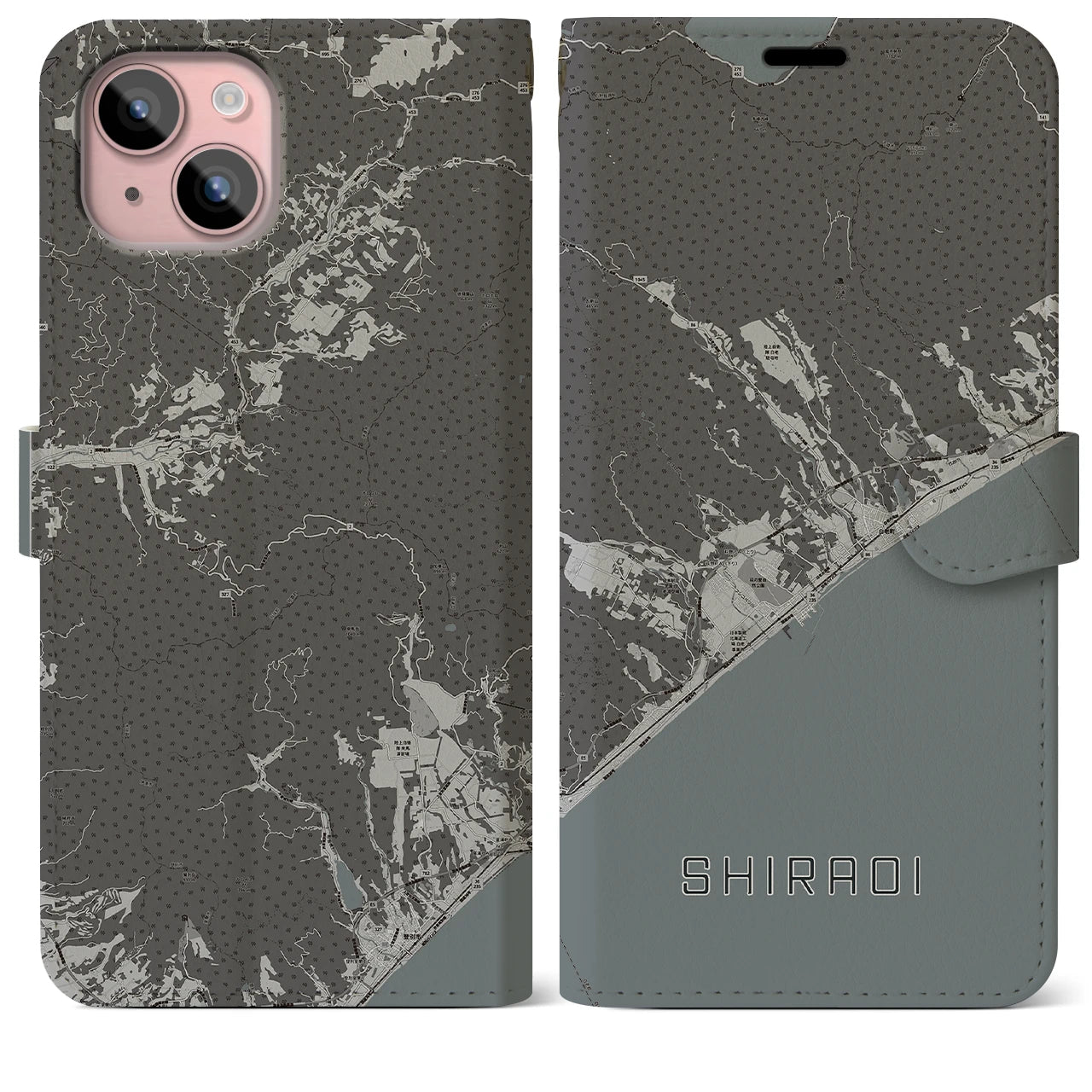 【白老(北海道)】地図柄iPhoneケース(手帳タイプ)モノトーン・iPhone 15 Plus 用