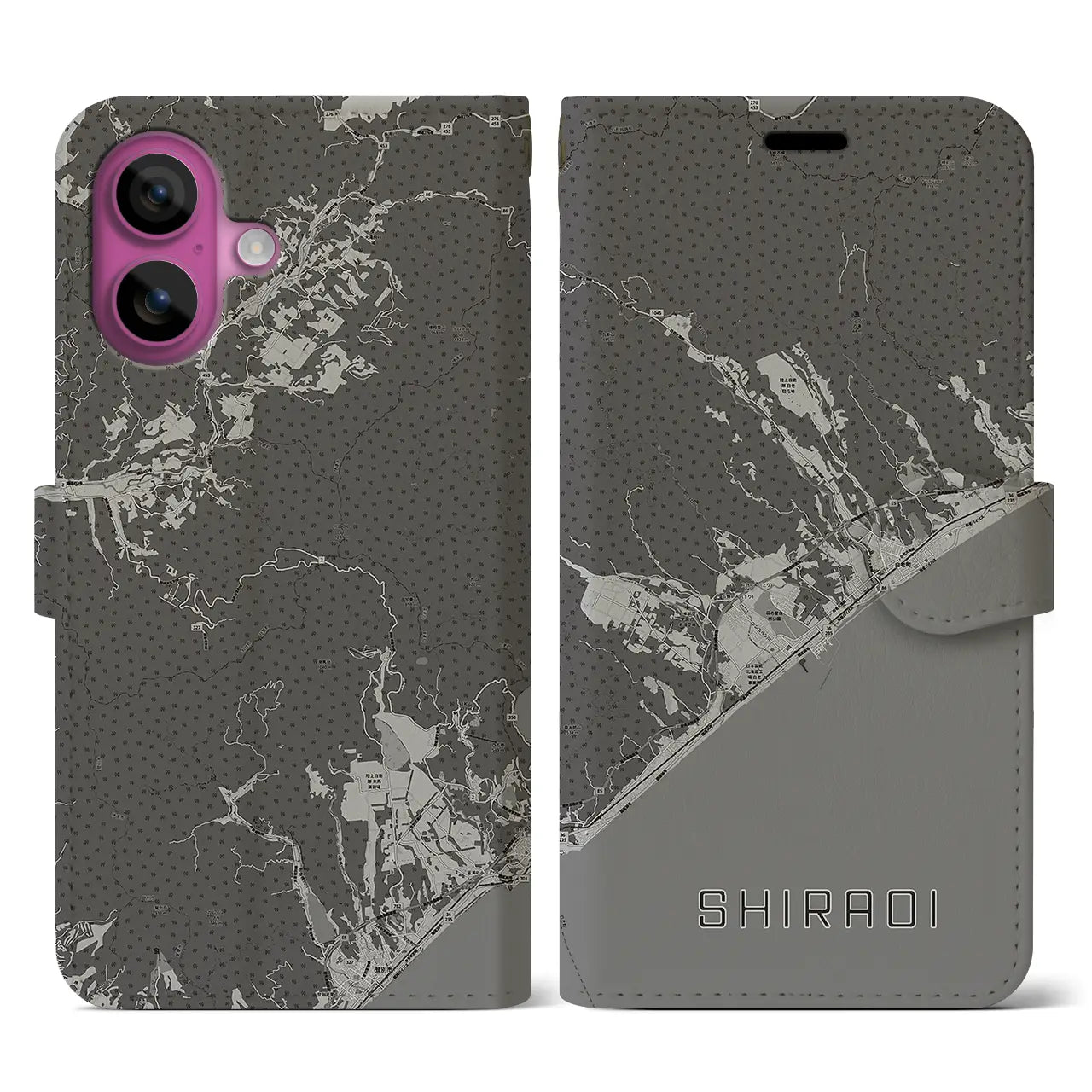 【白老(北海道)】地図柄iPhoneケース(手帳タイプ)モノトーン・iPhone 16 Pro 用