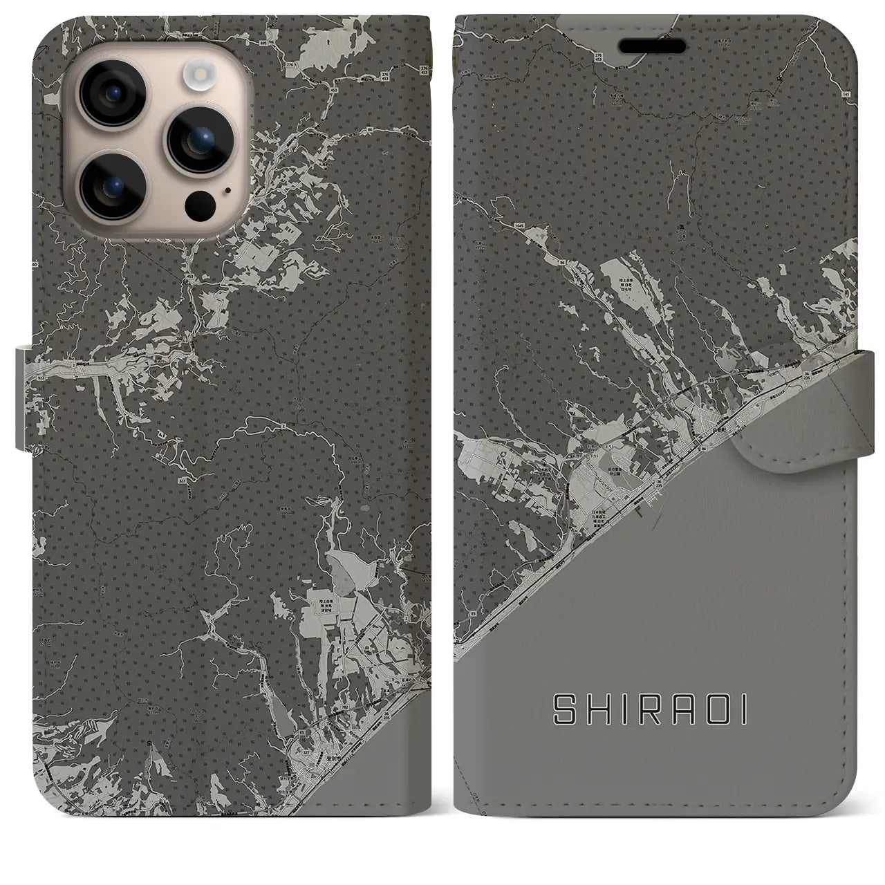 【白老(北海道)】地図柄iPhoneケース(手帳タイプ)モノトーン・iPhone 16 Plus 用