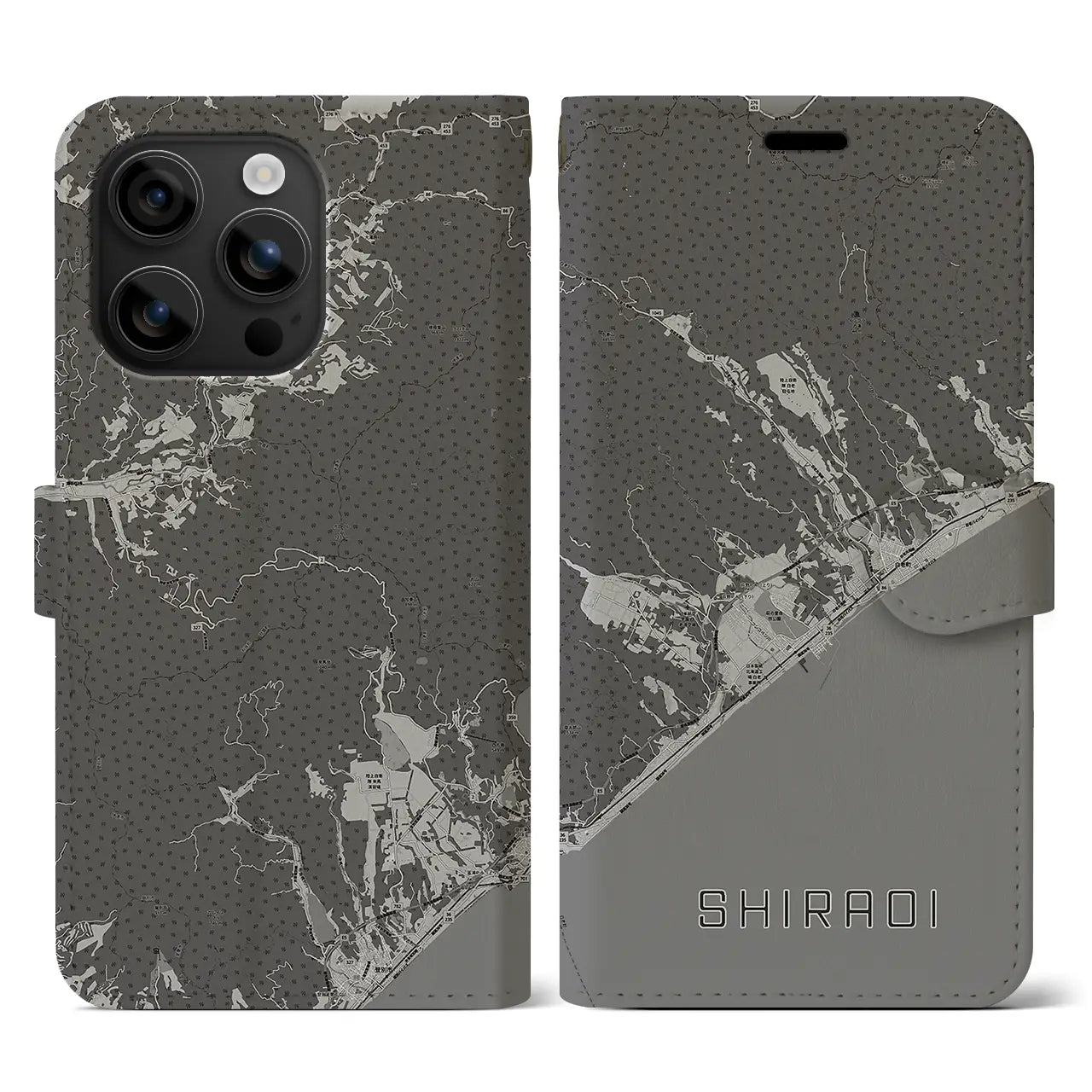 【白老(北海道)】地図柄iPhoneケース(手帳タイプ)モノトーン・iPhone 16 用