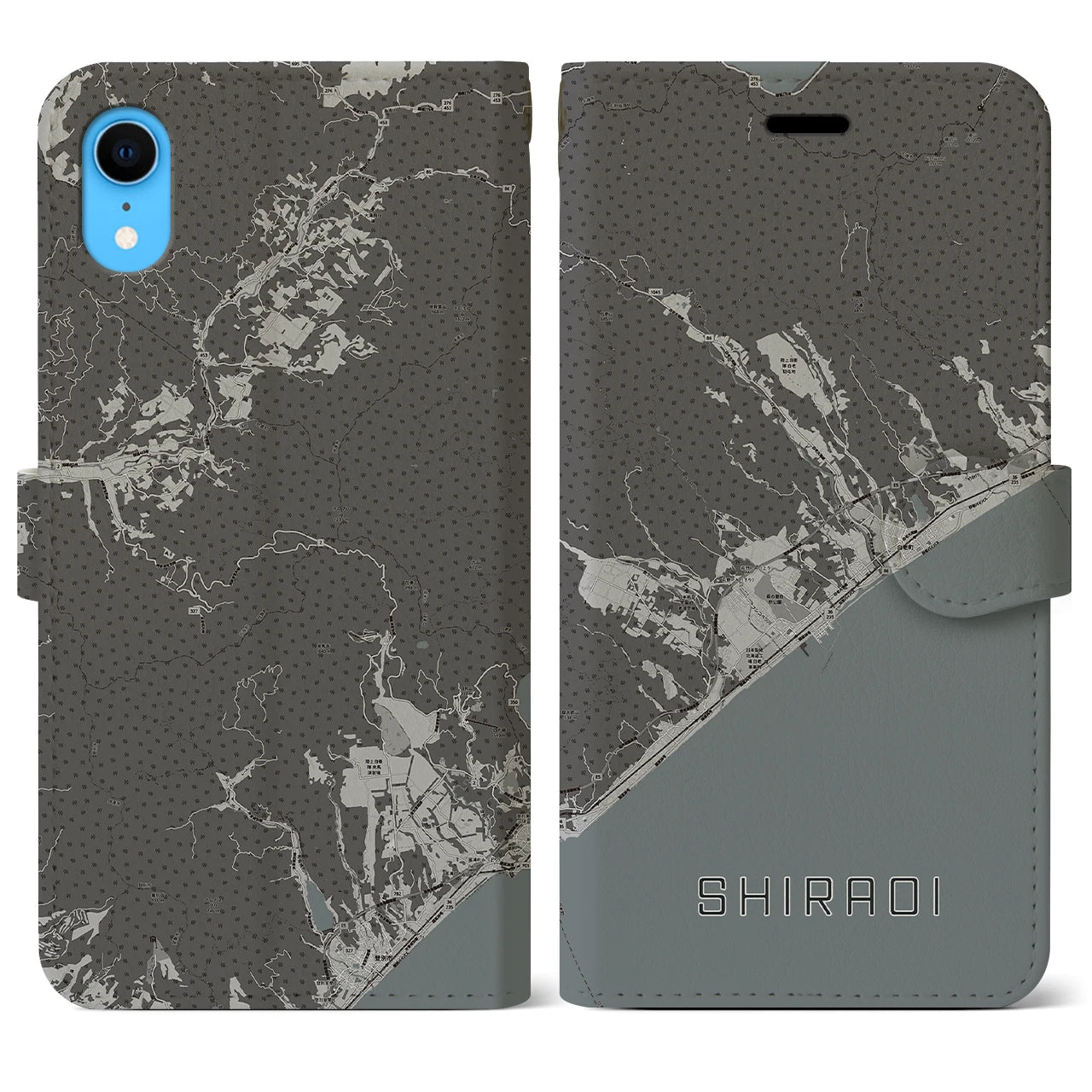 【白老(北海道)】地図柄iPhoneケース(手帳タイプ)モノトーン・iPhone XR 用