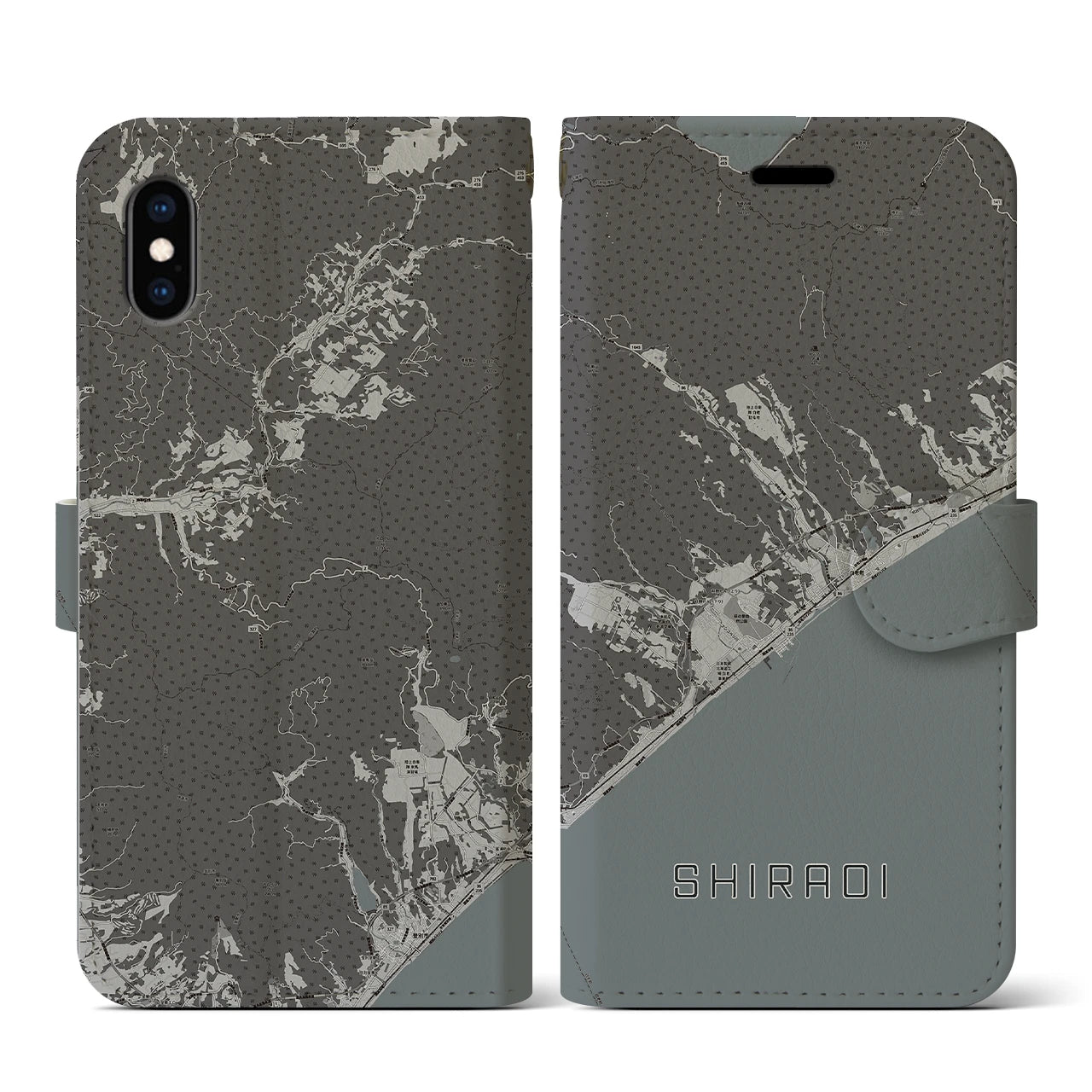 【白老(北海道)】地図柄iPhoneケース(手帳タイプ)モノトーン・iPhone XS / X 用