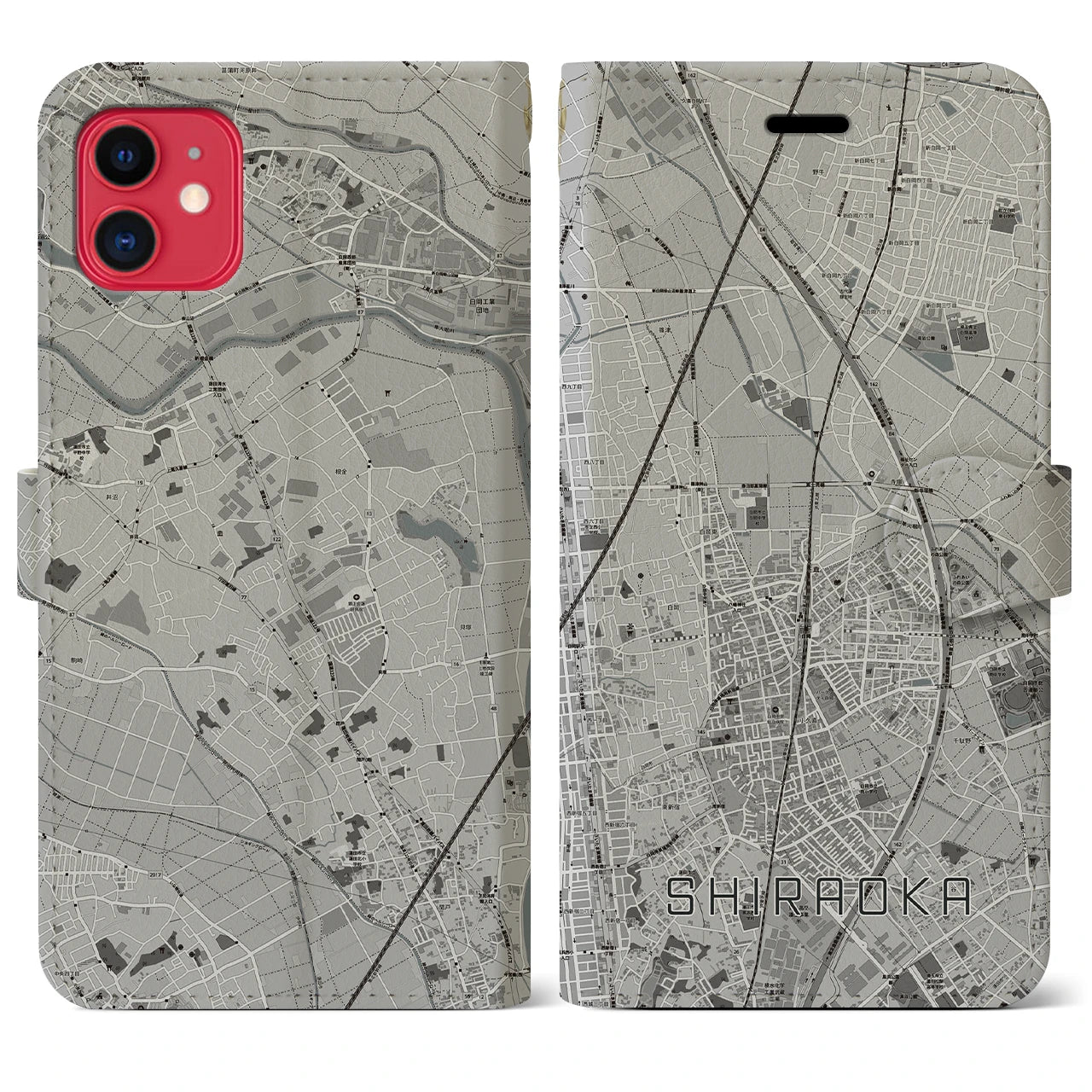 【白岡(埼玉県)】地図柄iPhoneケース(手帳タイプ)モノトーン・iPhone 11 用