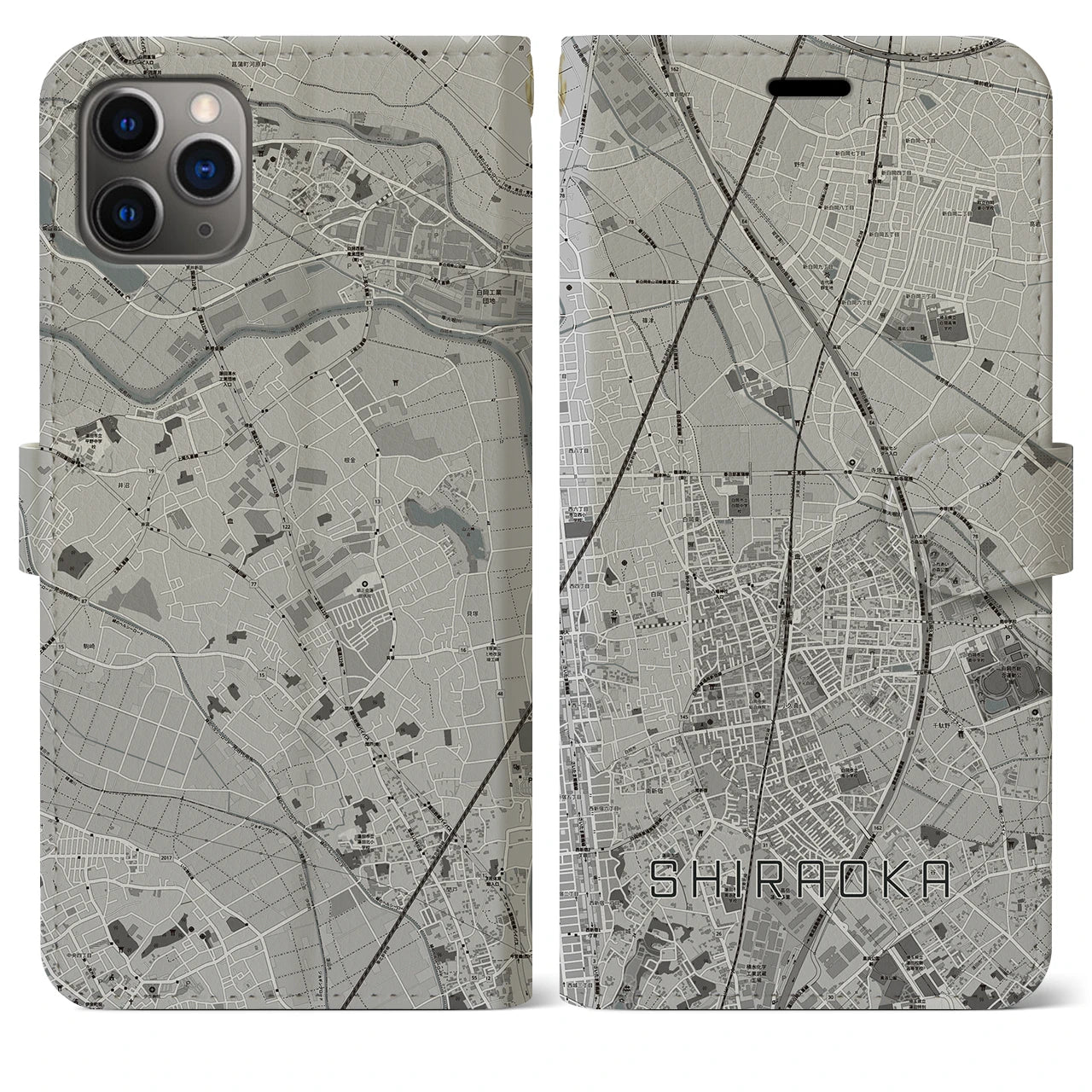 【白岡(埼玉県)】地図柄iPhoneケース(手帳タイプ)モノトーン・iPhone 11 Pro Max 用