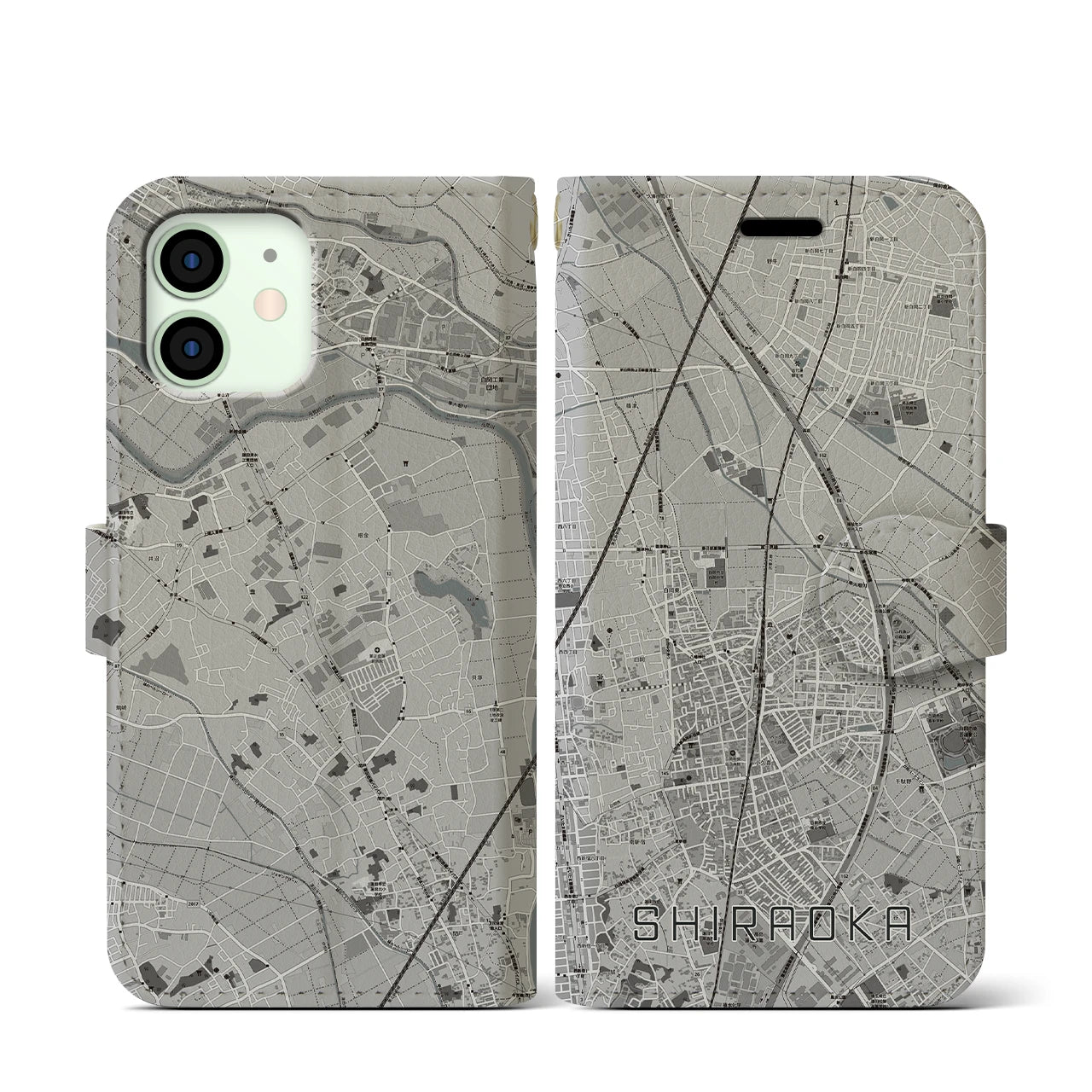 【白岡(埼玉県)】地図柄iPhoneケース(手帳タイプ)モノトーン・iPhone 12 mini 用