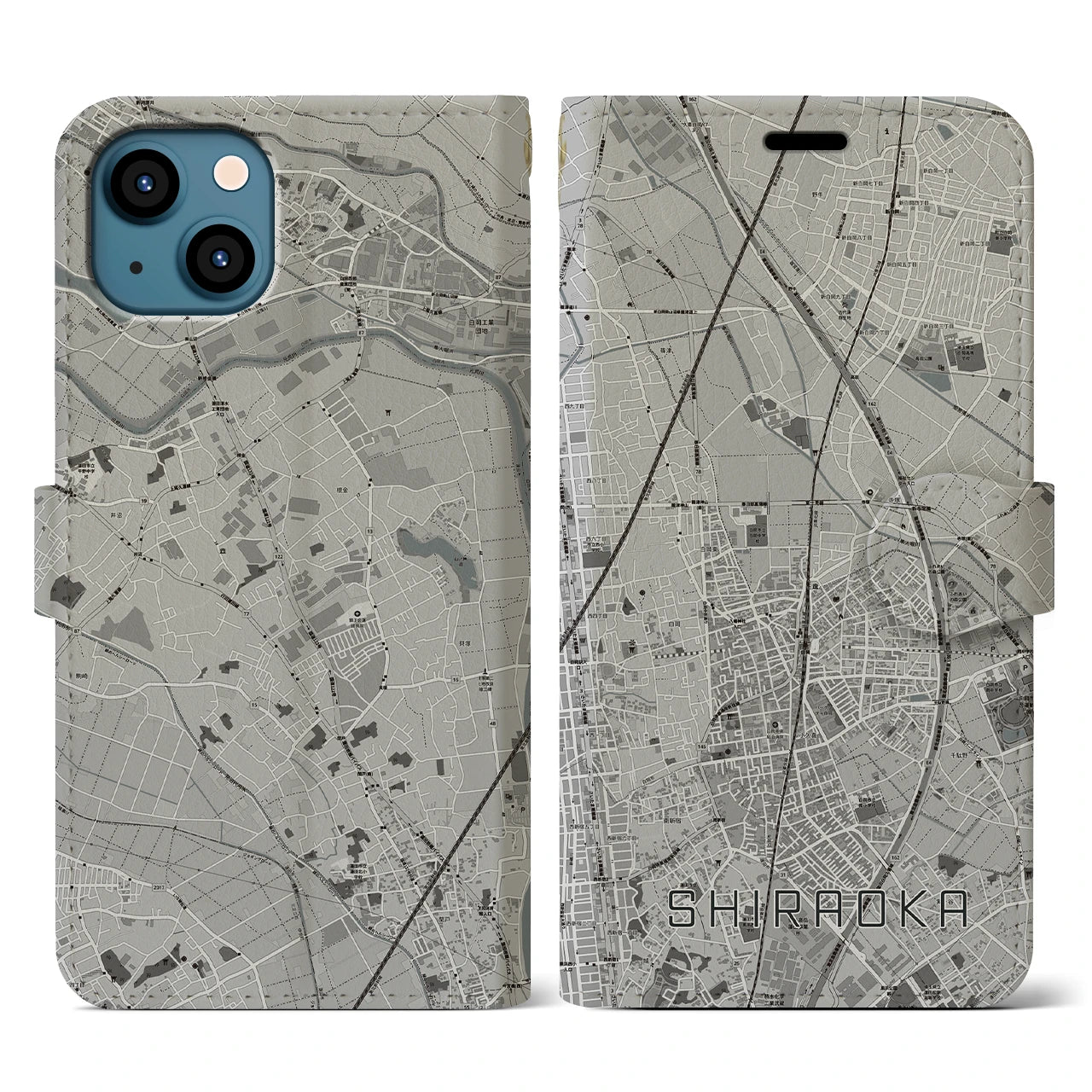 【白岡(埼玉県)】地図柄iPhoneケース(手帳タイプ)モノトーン・iPhone 13 用
