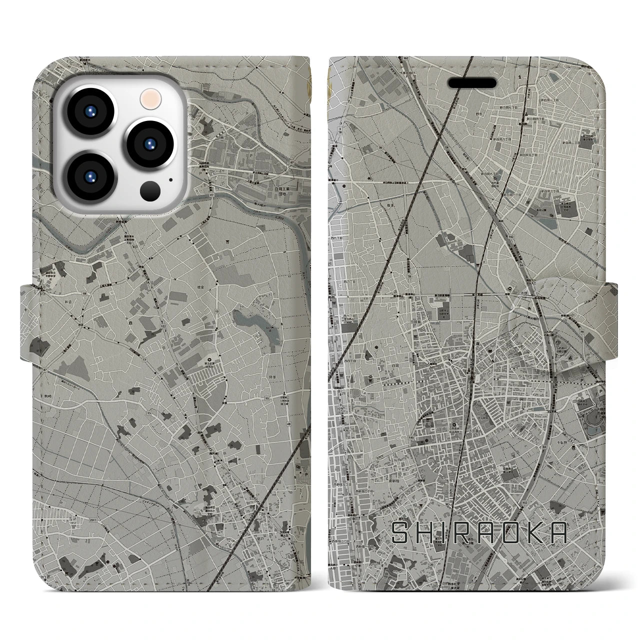 【白岡(埼玉県)】地図柄iPhoneケース(手帳タイプ)モノトーン・iPhone 13 Pro 用