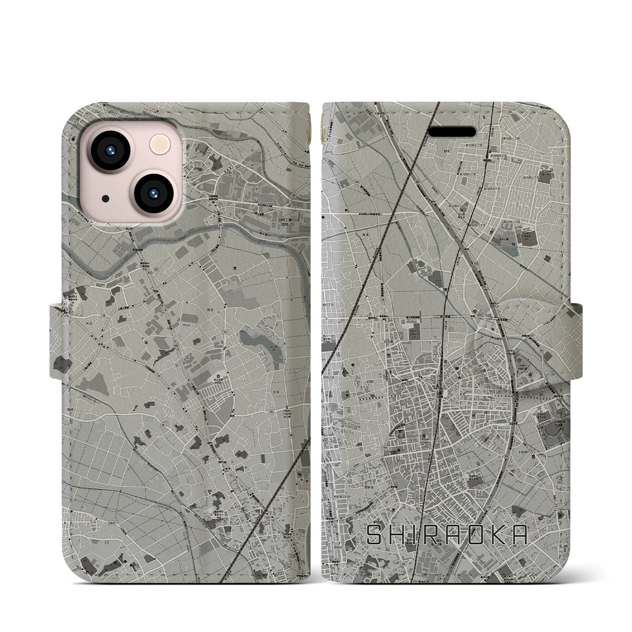 【白岡(埼玉県)】地図柄iPhoneケース(手帳タイプ)モノトーン・iPhone 13 mini 用