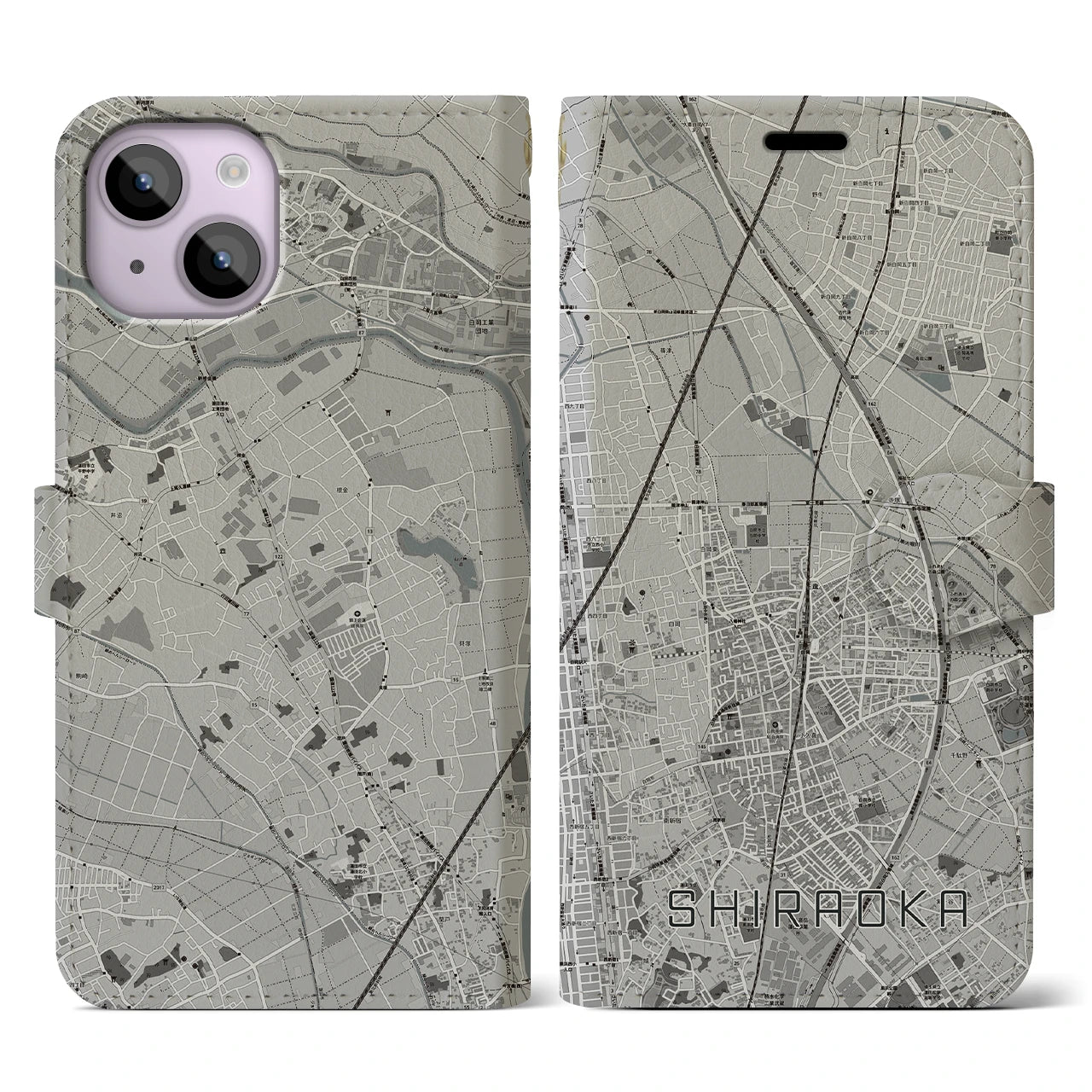 【白岡(埼玉県)】地図柄iPhoneケース(手帳タイプ)モノトーン・iPhone 14 用